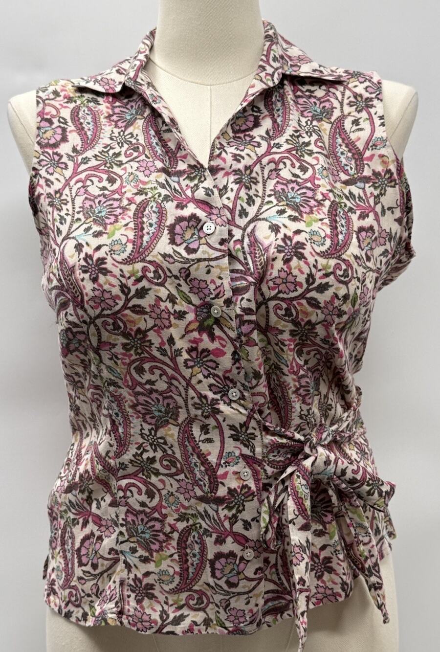 Harold’s Women’s L 100% Linen Blouse Pink Paisley Floral Tie Waist Sleeveless